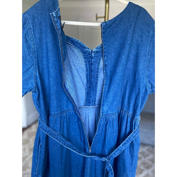 Vintage Erika Denim Maxi Dress Floral Embroidery Cottagecore V Neck Prairie Boho - Picture 5 of 13